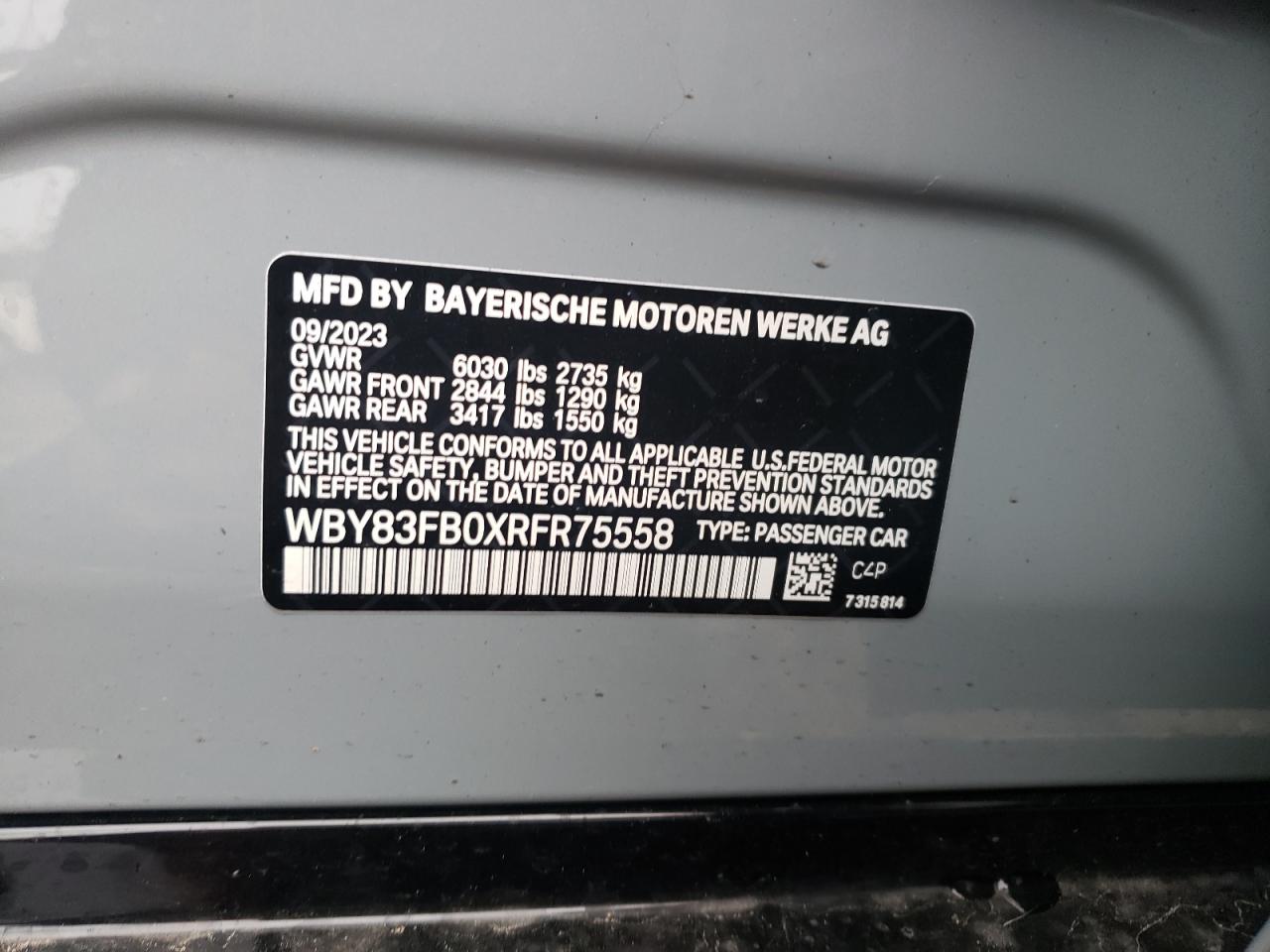 VIN WBY83FB0XRFR75558 2024 BMW I4 XDRIVE4