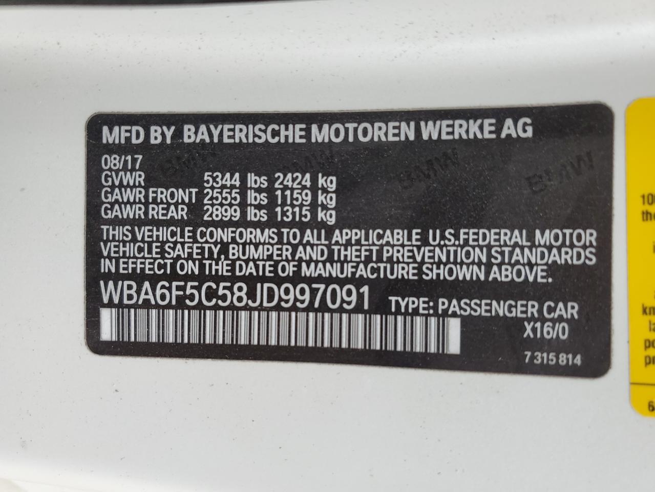 VIN WBA6F5C58JD997091 2018 BMW 650 I