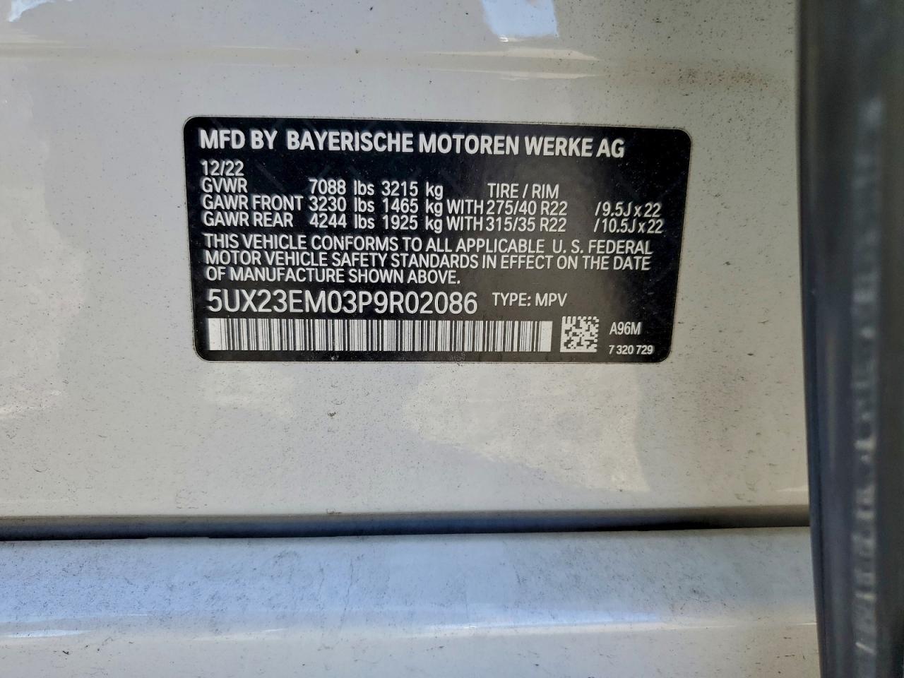 VIN 5UX23EM03P9R02086 2023 BMW X7