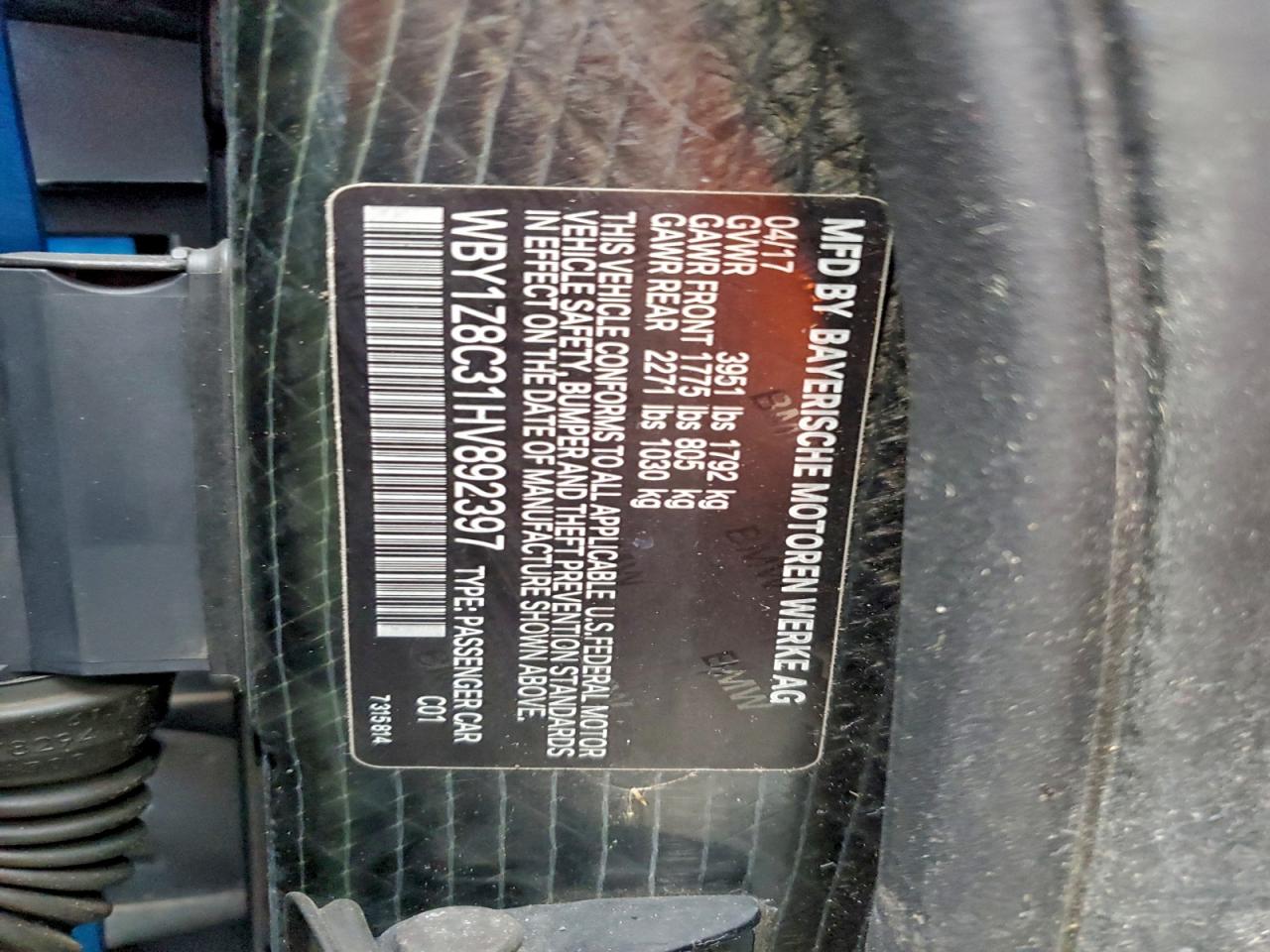 VIN WBY1Z8C31HV892397 2017 BMW I3 REX
