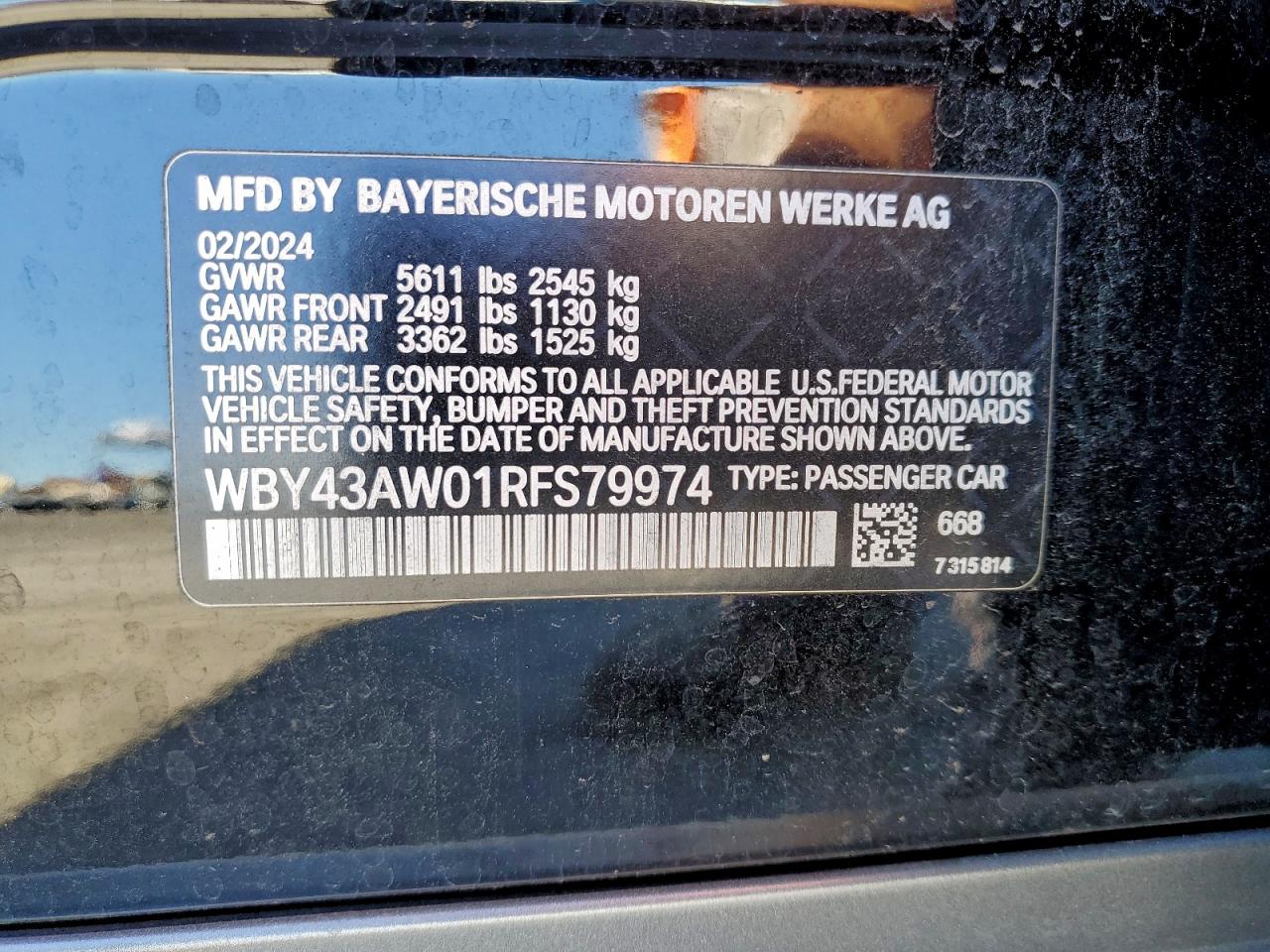 VIN WBY43AW01RFS79974 2024 BMW I4 EDRIVE