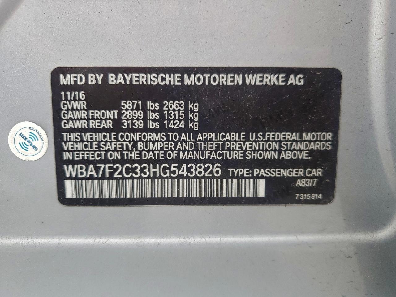 VIN WBA7F2C33HG543826 2017 BMW ALPINA B7