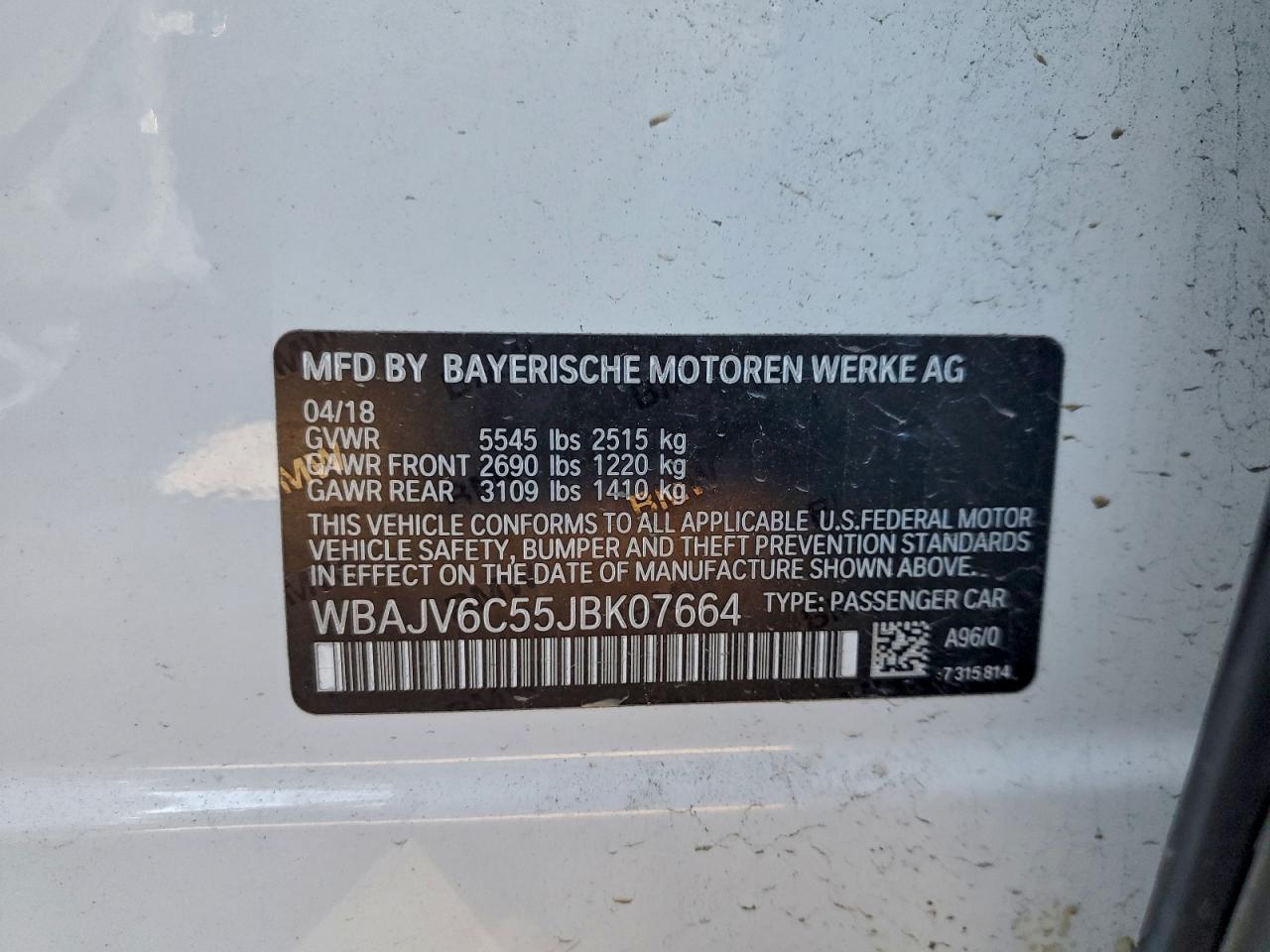 VIN WBAJV6C55JBK07664 2018 BMW 640 XIGT