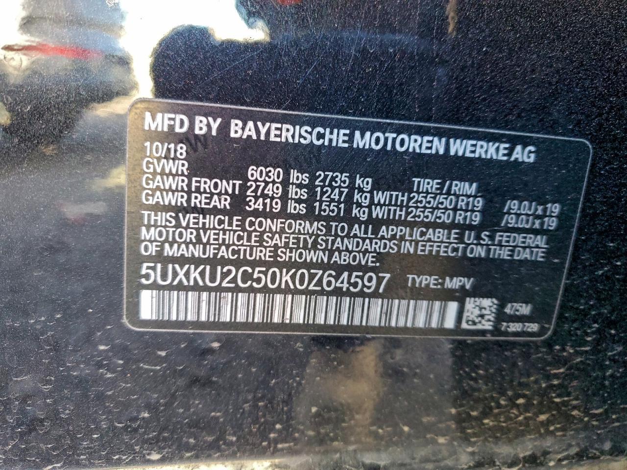 VIN 5UXKU2C50K0Z64597 2019 BMW X6 XDRIVE3