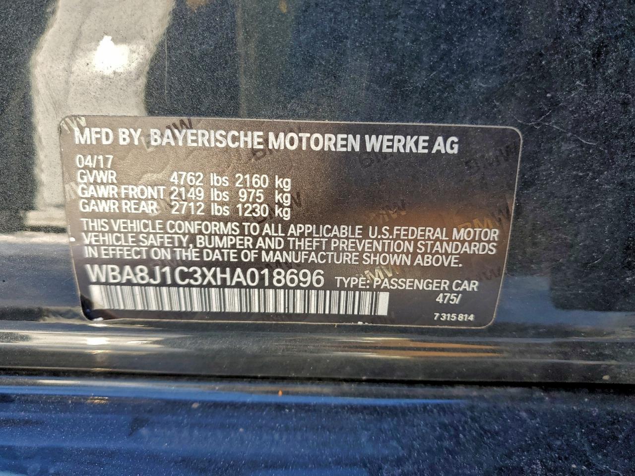 VIN WBA8J1C3XHA018696 2017 BMW 328 D XDRI