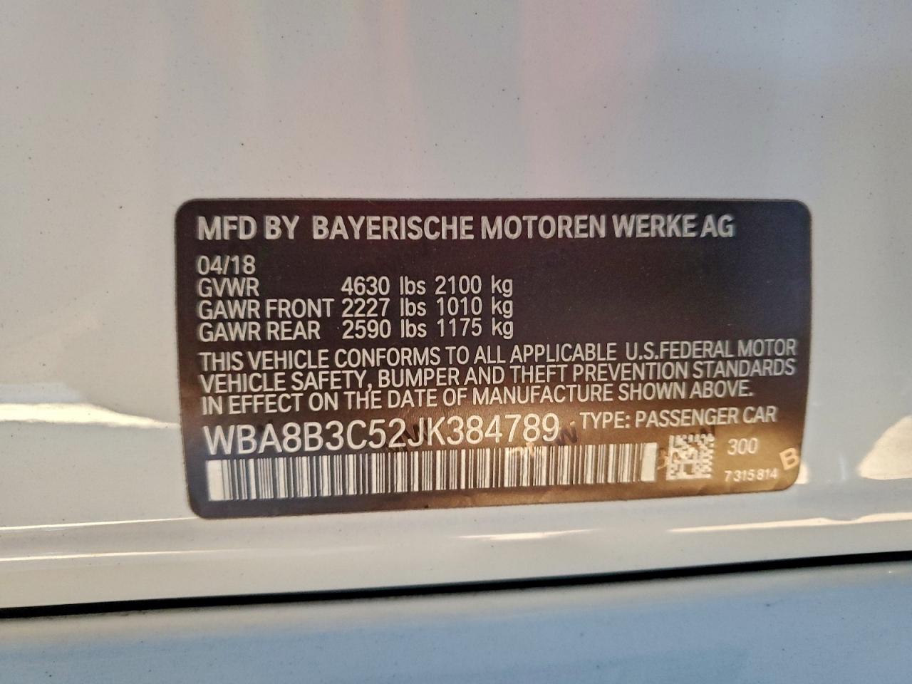 VIN WBA8B3C52JK384789 2018 BMW 340 I