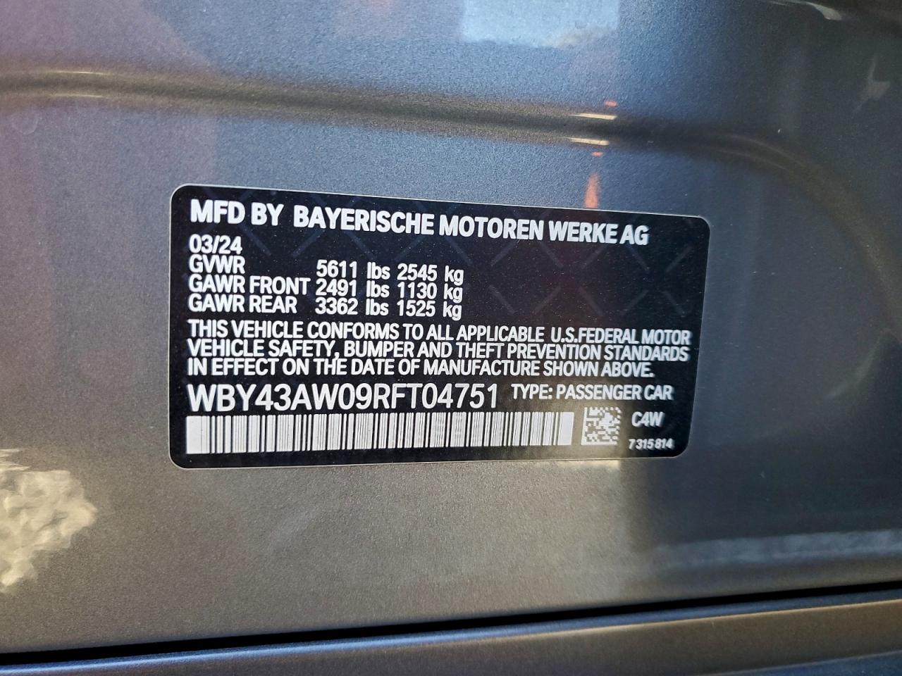 VIN WBY43AW09RFT04751 2024 BMW I4 EDRIVE