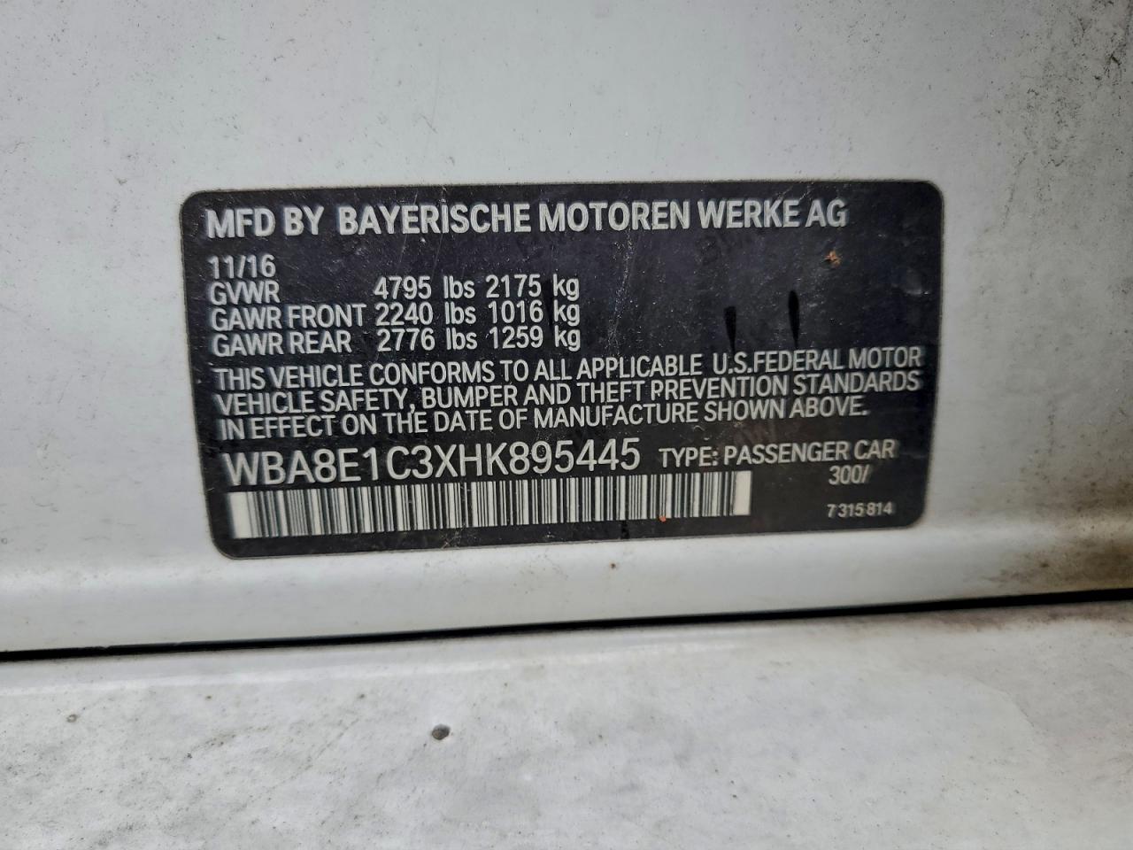 VIN WBA8E1C3XHK895445 2017 BMW 3 SERIES