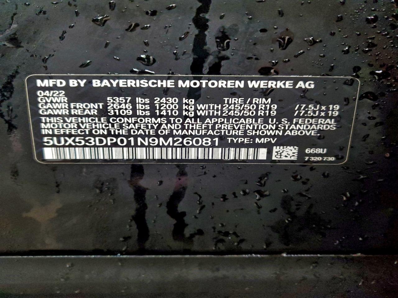 VIN 5UX53DP01N9M26081 2022 BMW X3 XDRIVE3