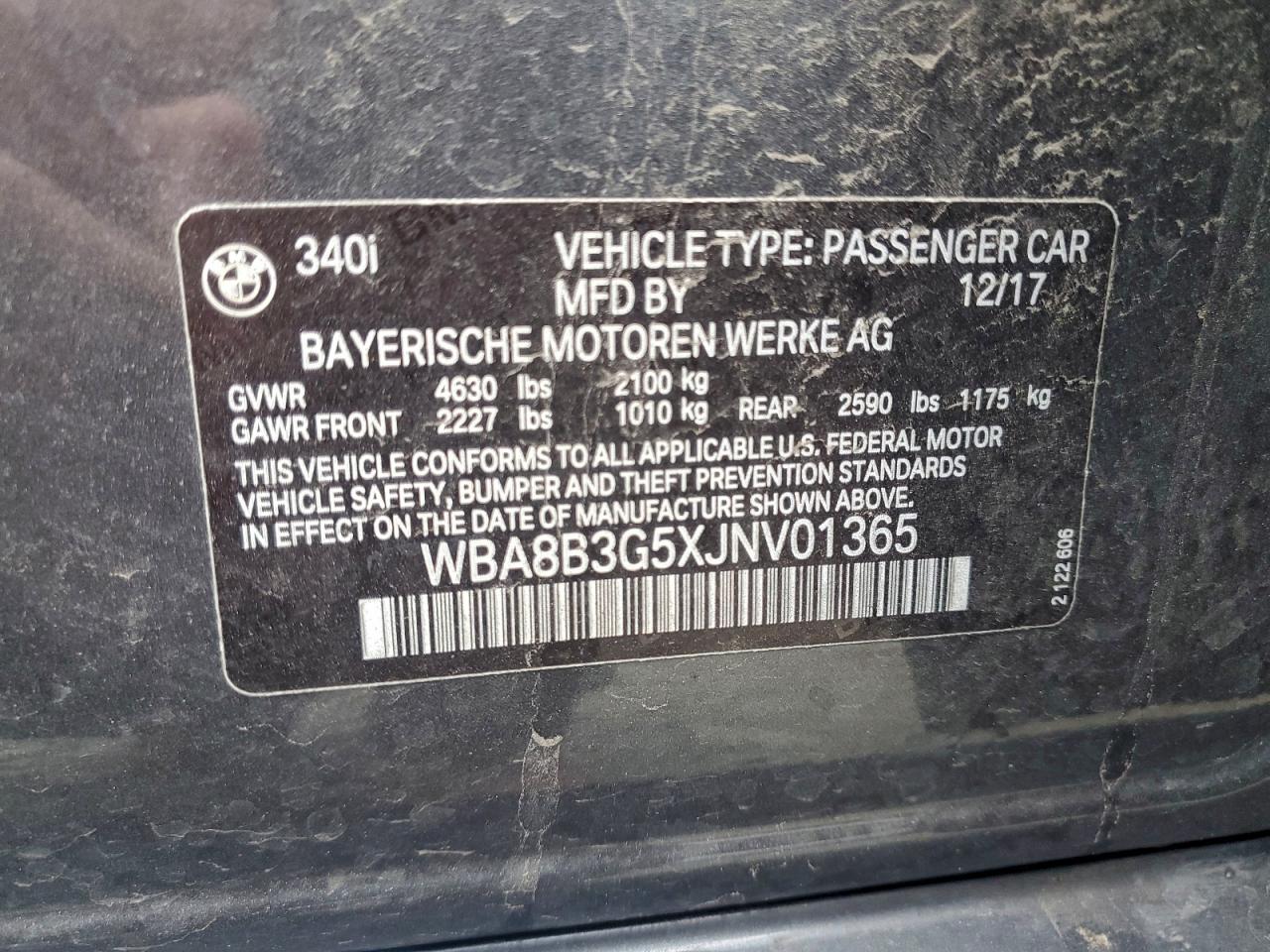 VIN WBA8B3G5XJNV01365 2018 BMW 340 I