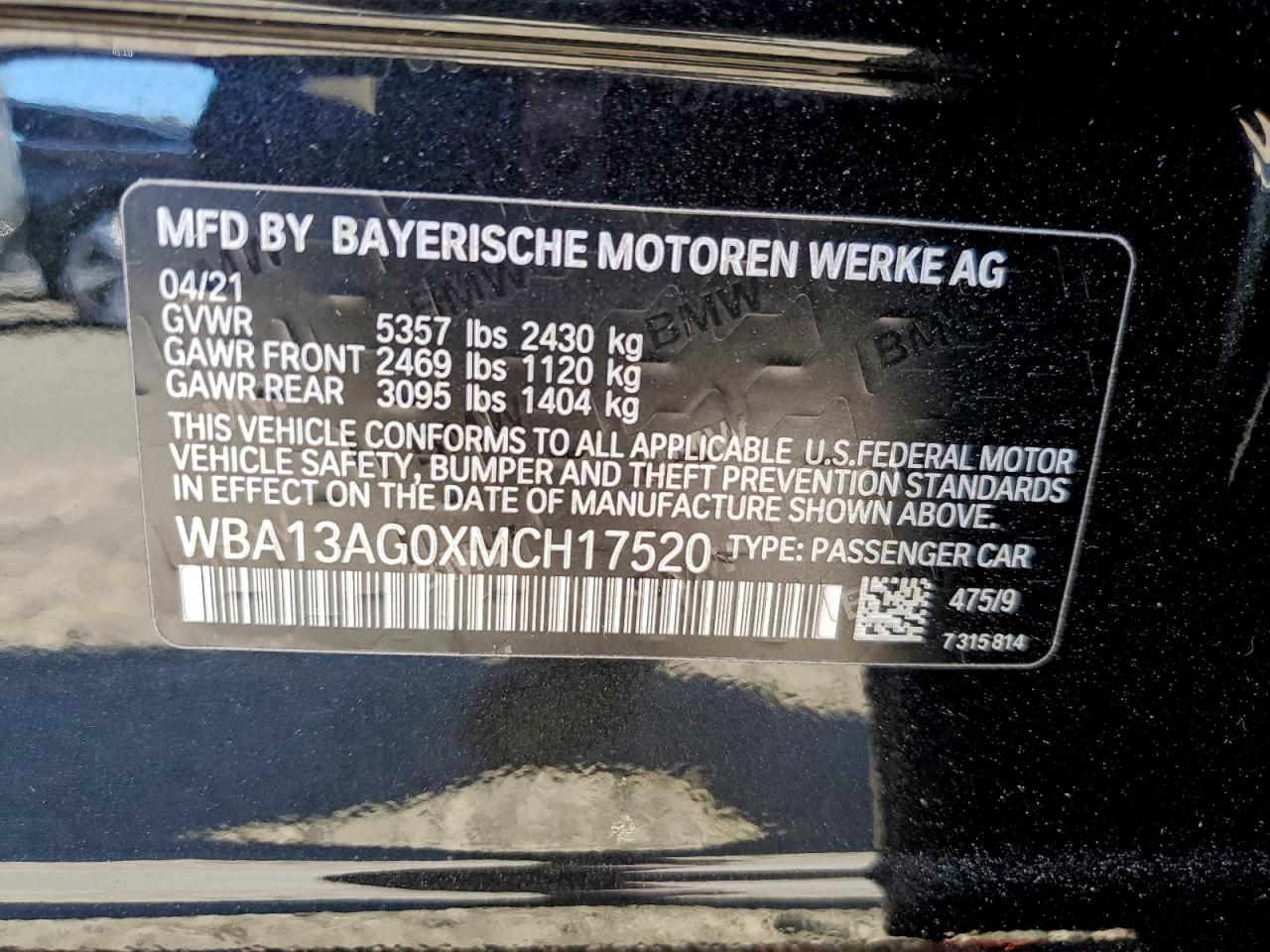 VIN WBA13AG0XMCH17520 2021 BMW MOTORRAD 530E