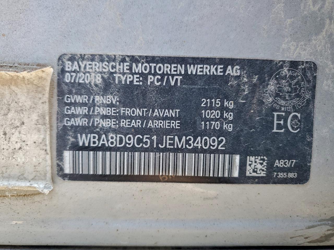 VIN WBA8D9C51JEM34092 2018 BMW 330 XI